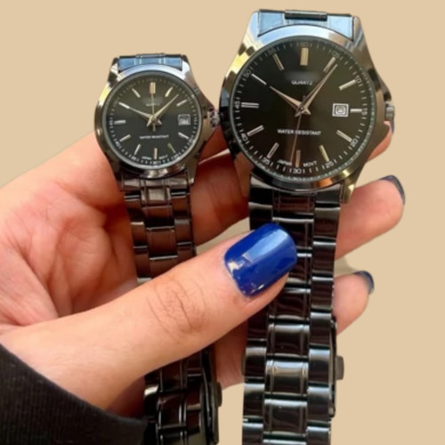 ساعت ست و تکی زنانه و مردانه کاسیو casio ، صحفه گرد مشکی بند استیل فول مشکی شیک و خاص