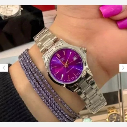 ساعت زنانه casio(کاسیو) اصل ، عقربه ای صحفه گرد رنگ بندی کامل و بند استیل نقره ای ضد آب کد 0002