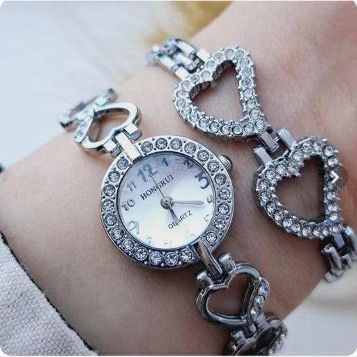 ساعت مچی زنانه هانگری همراه بادستبند رنگ ثابت قاب نگینی کیفیت عالی