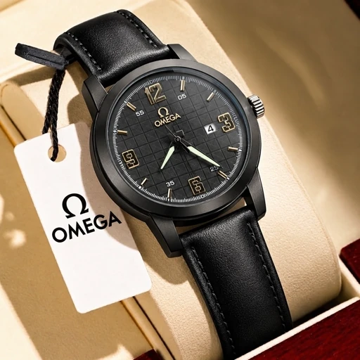ساعت مچی مردانه امگا روزشمار فعال بند چرم درجه یک رنگ ثابت ضداب شب نما کیفیت مسترOMEGA